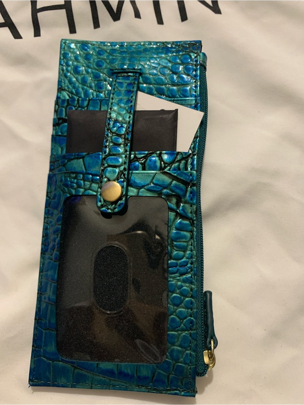 New Brahmin Slim Peacock Leather Credit Card Wallet Case with Zipper